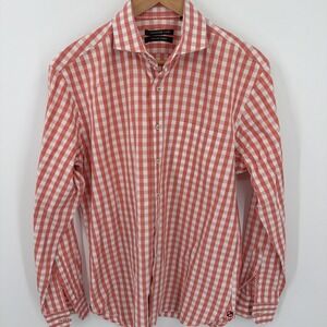 Hammer Made Cotton Button Up Shirt 16.5/42 Peach Red Check Italian Fabric Italy